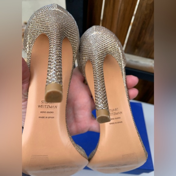 AUTHENTIC STUART WEITZMAN NUDISTSONG 4" STRAP SANDAL HEEL PLATINUM Noir 9.5 - Picture 3 of 12